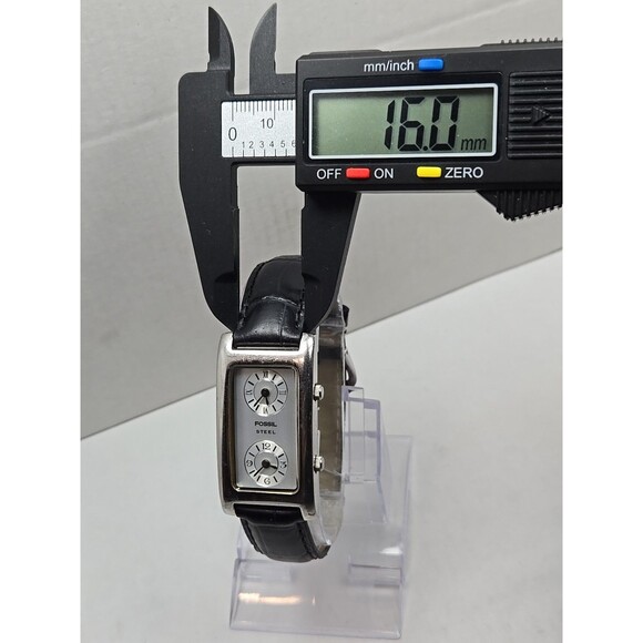 Fossil Steel Dual Time Tank 23mm Watch Silver Black Leather Quartz New Battery - Picture 6 of 13